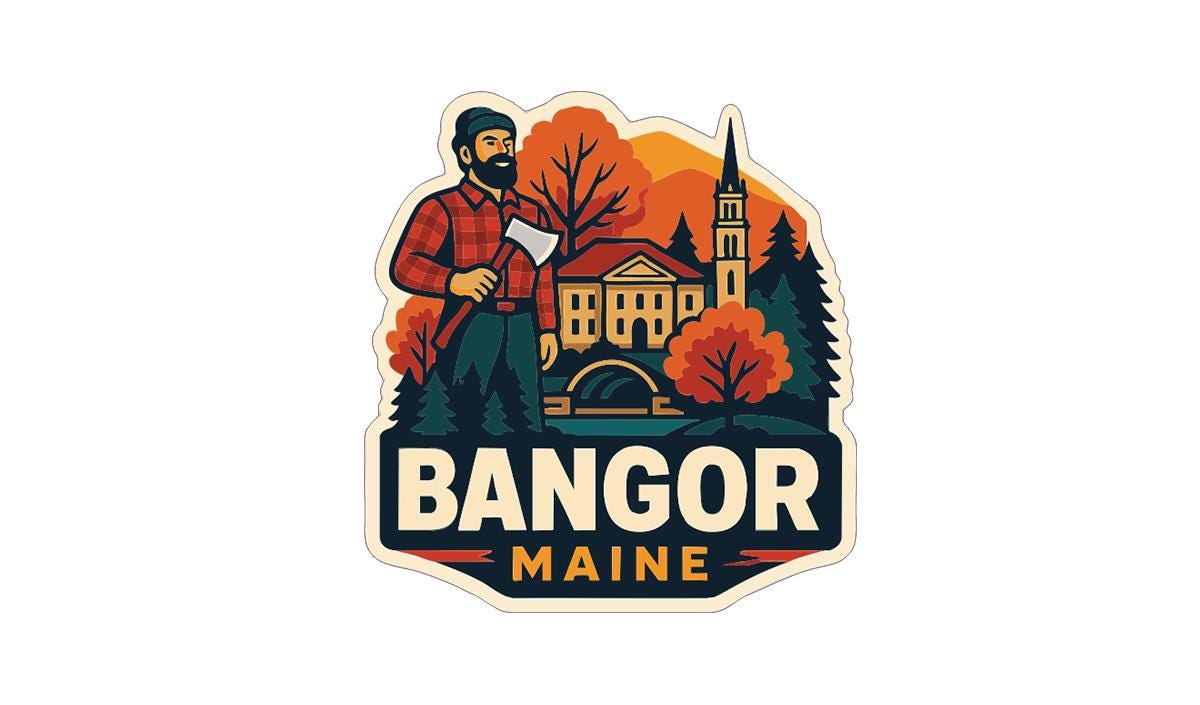 A stylized logo featuring a man in a plaid shirt holding an axe, with a scenic landscape and buildings in the background, along with the text "BANGOR MAINE".