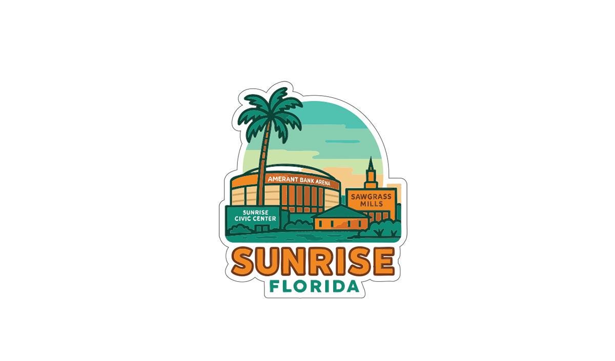 a stylized illustration of a cityscape with a palm tree, buildings, and a sign that reads "Sunrise Florida".