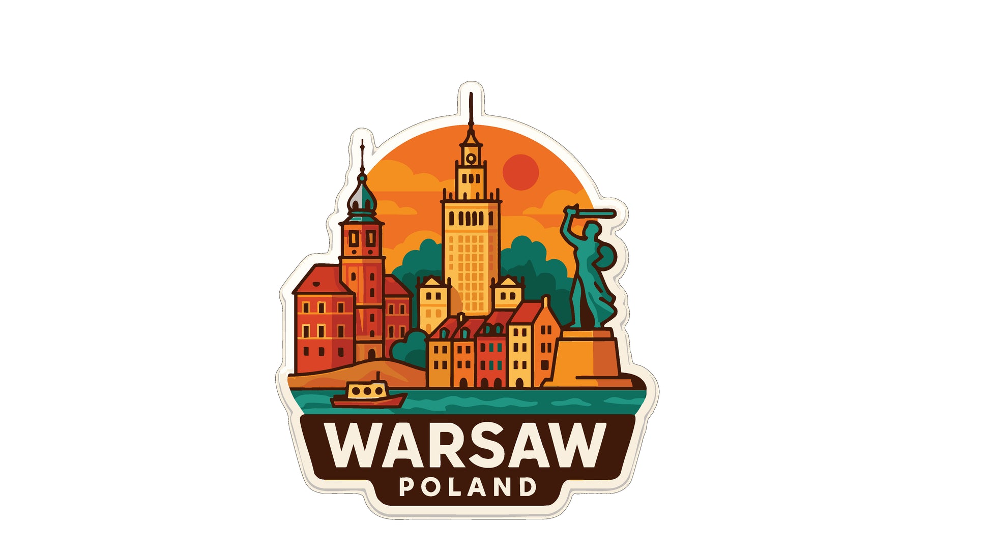 A sticker depicting the Warsaw, Poland skyline with a statue, buildings, and a sunset in the background.