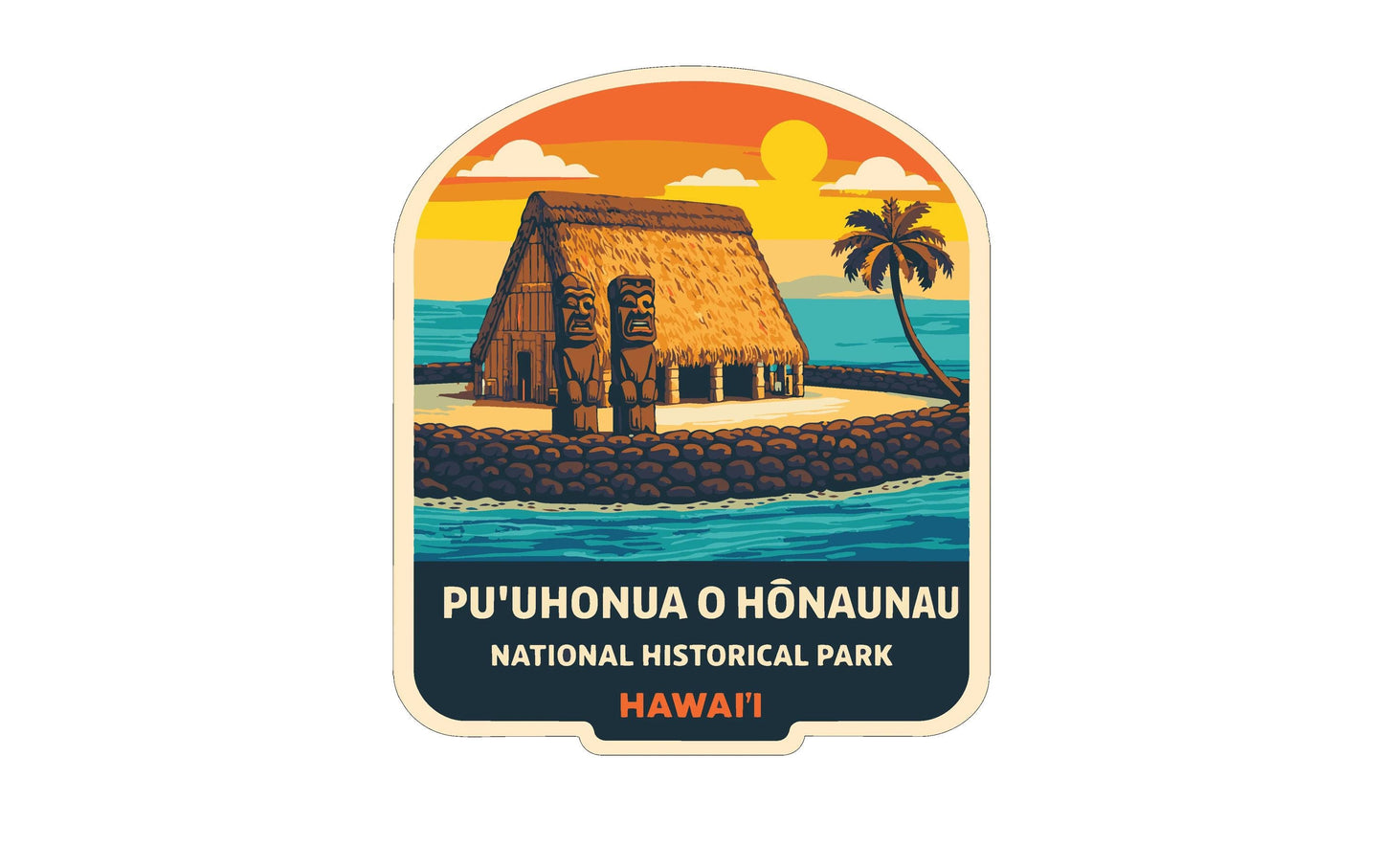 a sticker or label with a tropical island scene, including a hut, palm tree, and ocean.