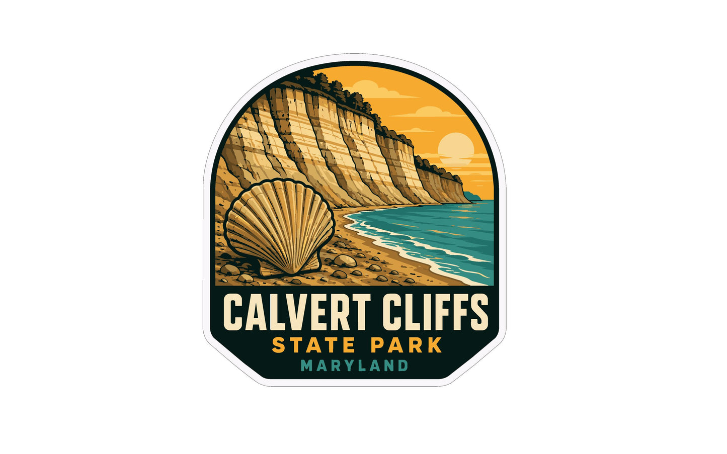 a sticker or label with a coastal scene, including a seashell, cliffs, and a body of water.