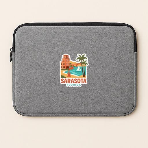 A gray laptop sleeve with a sticker depicting a beach scene and palm trees, along with the text "SARASOTA FLORIDA".
