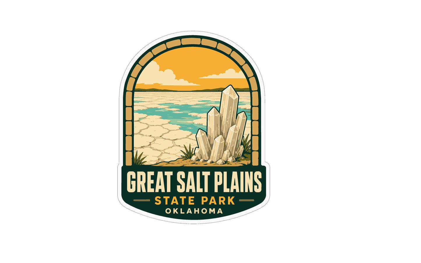 A sticker or emblem featuring a scenic landscape with a body of water, mountains, and crystals, along with the text "GREAT SALT PLAINS STATE PARK OKLAHOMA".