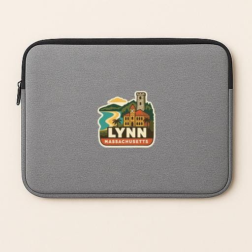 A gray laptop sleeve with a sticker depicting a scenic view of Lynn, Massachusetts.