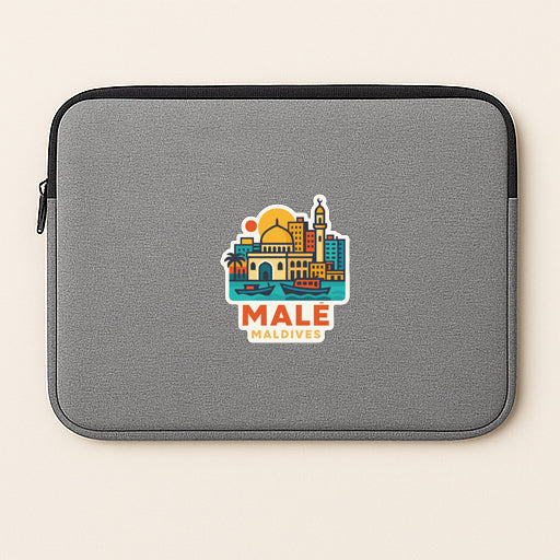 A gray laptop sleeve with a colorful graphic of a city skyline and the text "MALE Maldives" printed on it.
