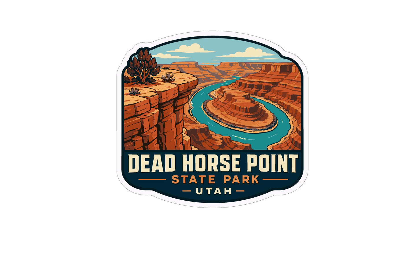A sticker or emblem featuring a scenic landscape with a winding river, mountains, and a tree, with the text "Dead Horse Point State Park Utah" prominently displayed.