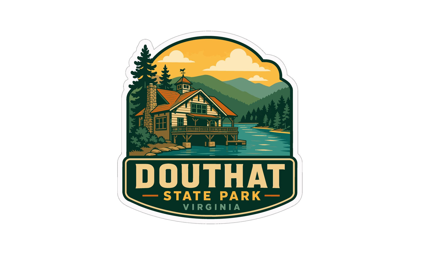a sticker or logo for Douthat State Park in Virginia. It depicts a cabin or lodge surrounded by a lake and mountains, with a cloudy sky in the background.