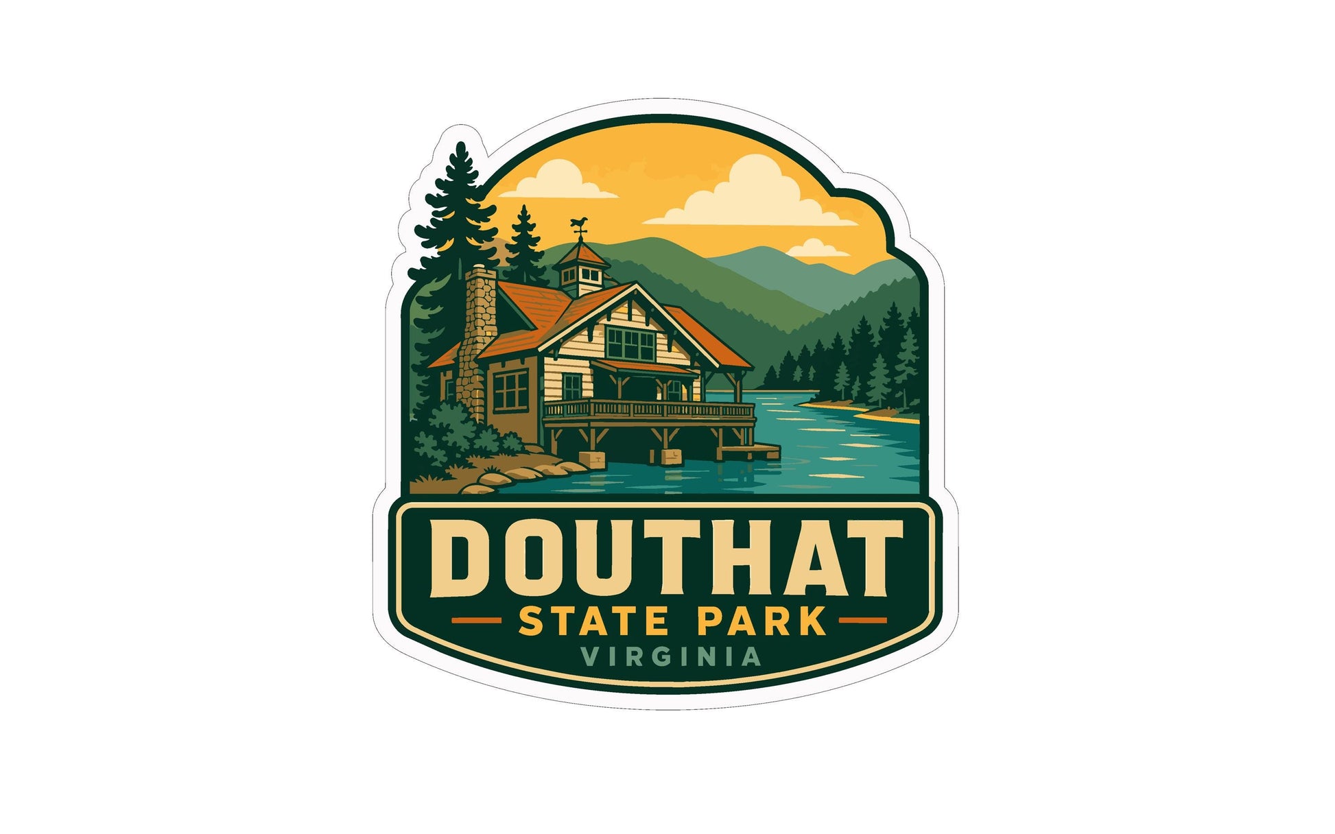 a sticker or logo for Douthat State Park in Virginia. It depicts a cabin or lodge surrounded by a lake and mountains, with a cloudy sky in the background.