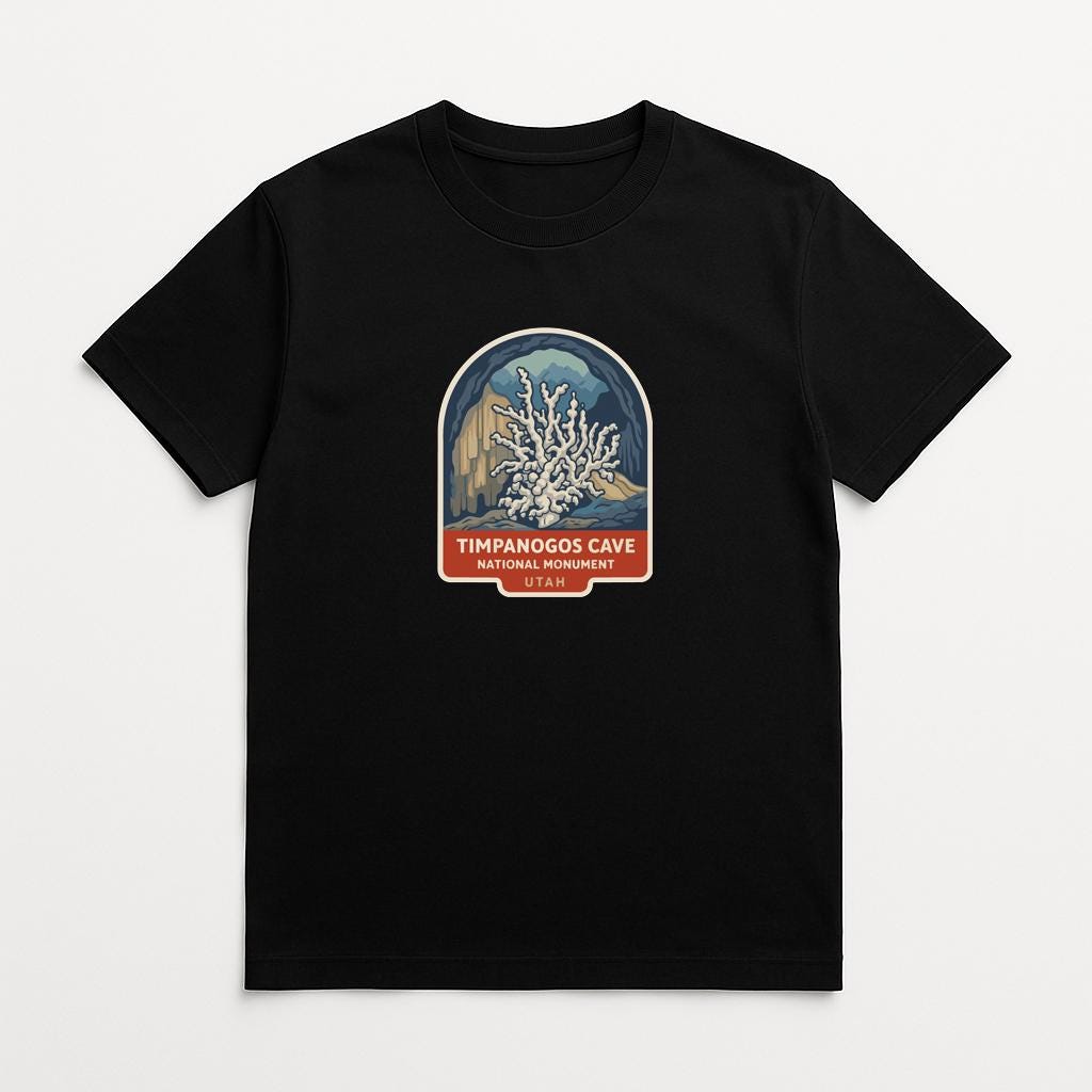 A black t-shirt with a graphic design depicting a cave or natural landscape, along with the text "TIMANOGOS CAVE NATIONAL PARK".