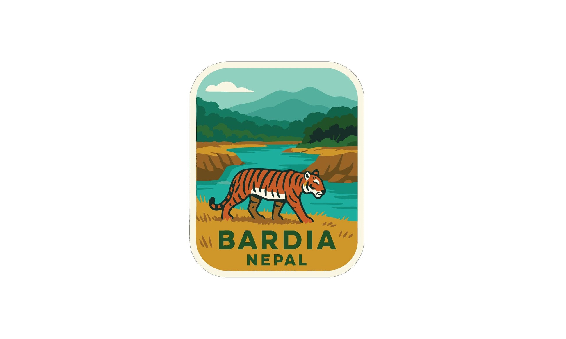 A sticker depicting a tiger walking in a natural landscape with mountains in the background.