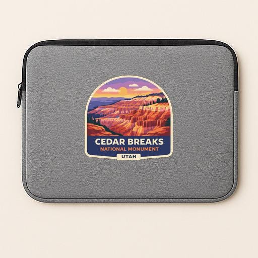 a gray laptop sleeve with a graphic design depicting the scenic landscape of the Cedar Breaks National Monument in Utah.