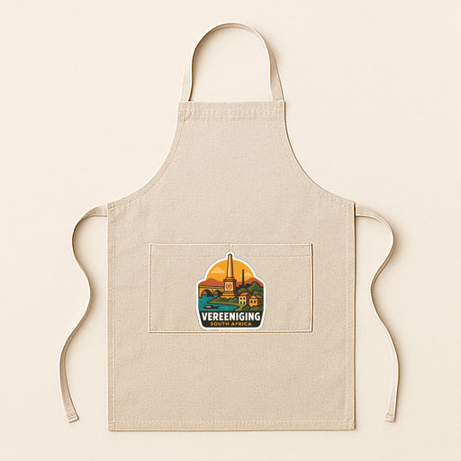 A beige apricot with a patch on the front that says "Vereeniging" and features an illustration of a cityscape.
