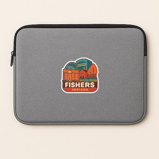 A gray laptop sleeve with a sticker featuring an illustration of a cityscape and the text "FISHER'S INDIANA".