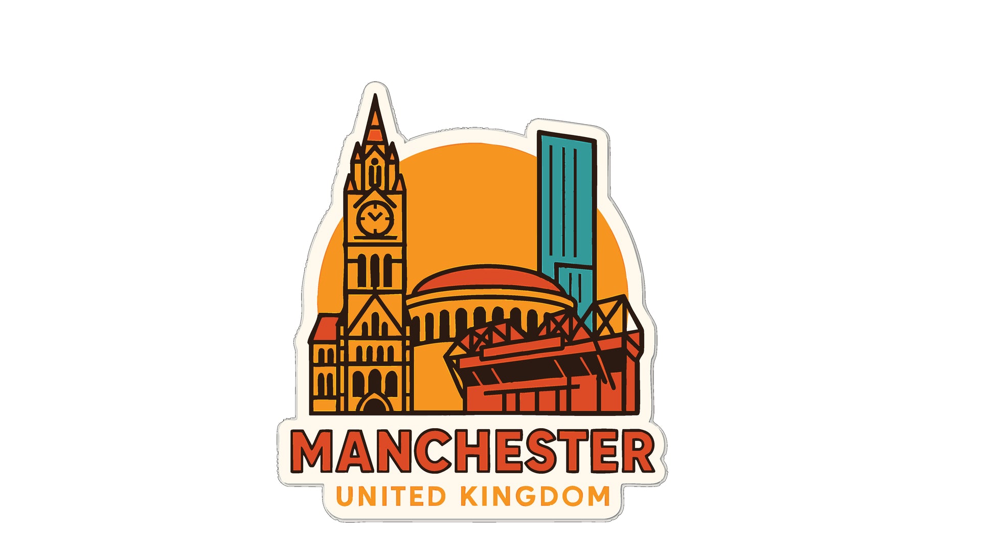 a sticker or emblem depicting the city of Manchester, United Kingdom.