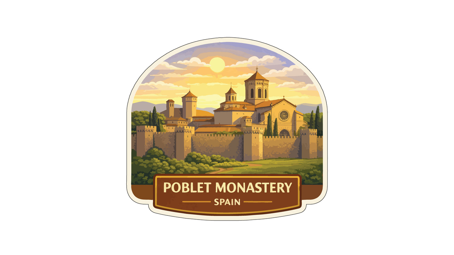 a sticker or label with a castle and a sunset in the background, depicting the Poblet Monastery in Spain.