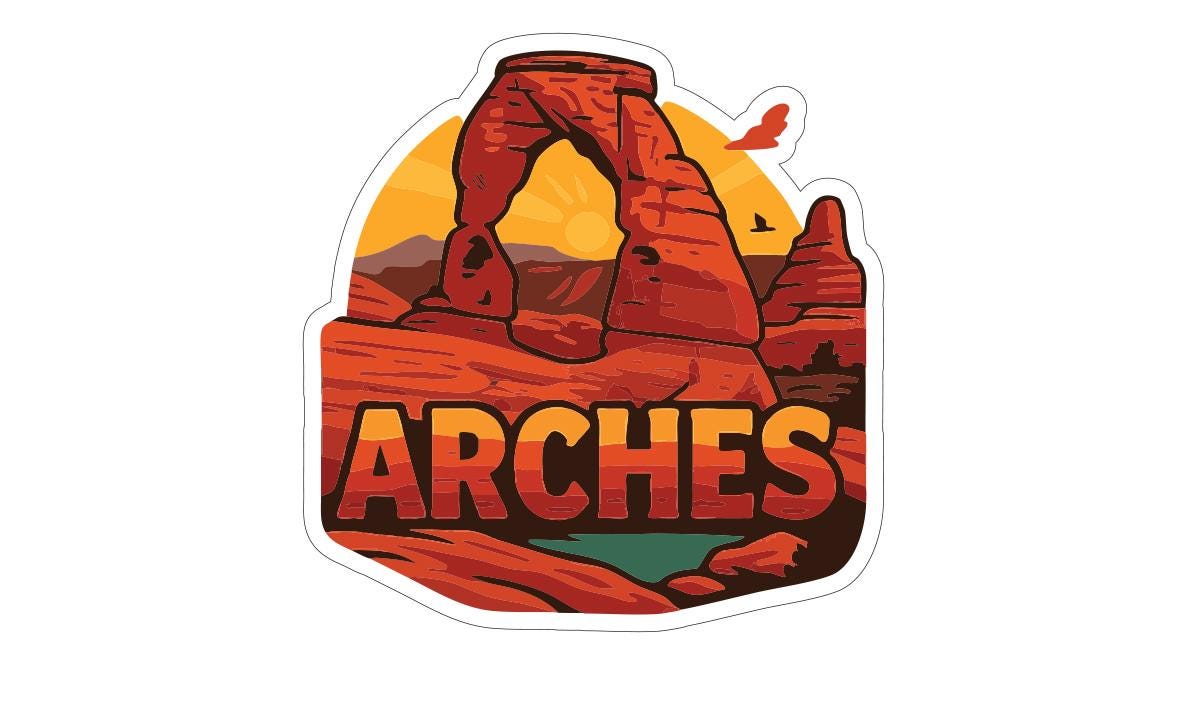 A sticker or illustration depicting the Arches National Park in the United States, featuring the iconic rock formations and a sunset in the background.