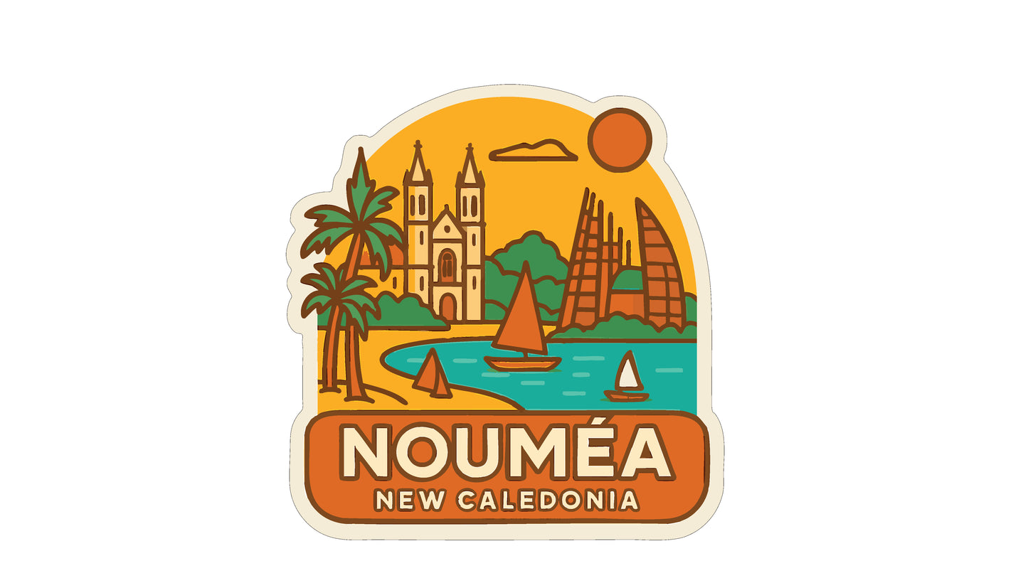a sticker or emblem with a tropical beach scene, palm trees, and sailboats. The text "NOUMEA NEW CALEDONIA" is prominently displayed, indicating the location of the image.