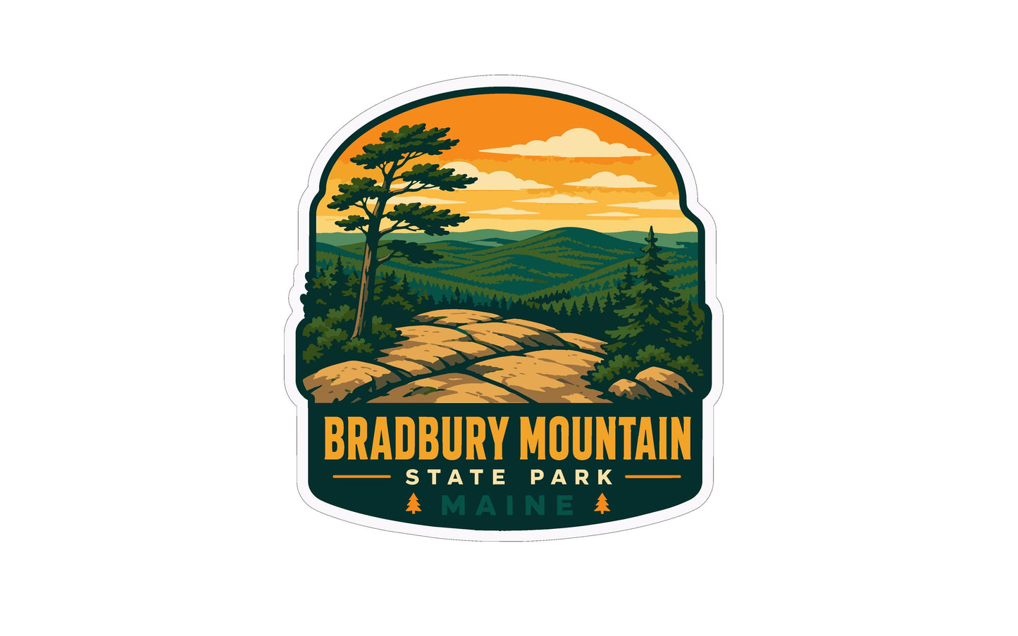 A sticker or emblem featuring a scenic landscape with a mountain, pine trees, and a rocky outcropping, with the text "Bradbury Mountain State Park Maine" prominently displayed.