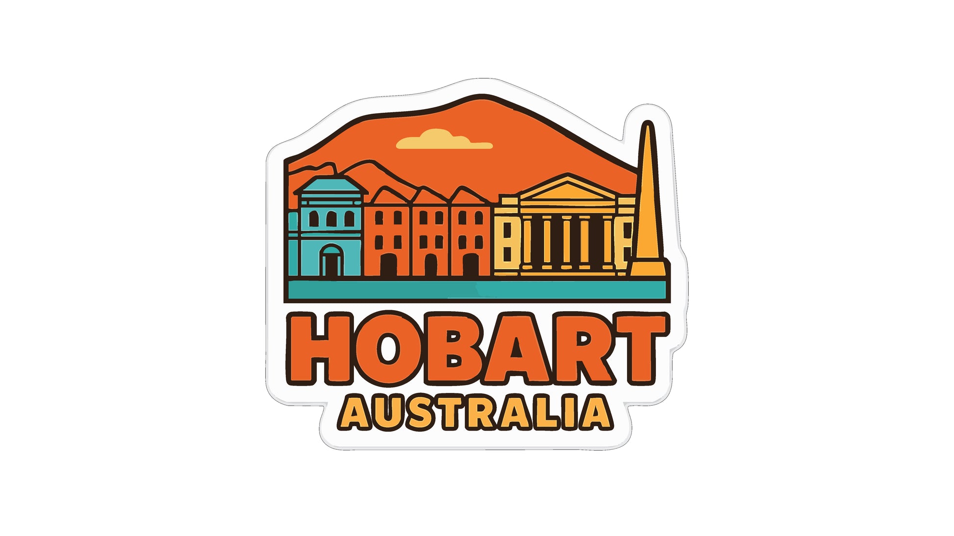 A sticker depicting the Hobart, Australia skyline with a mountain in the background and a variety of buildings in the foreground.