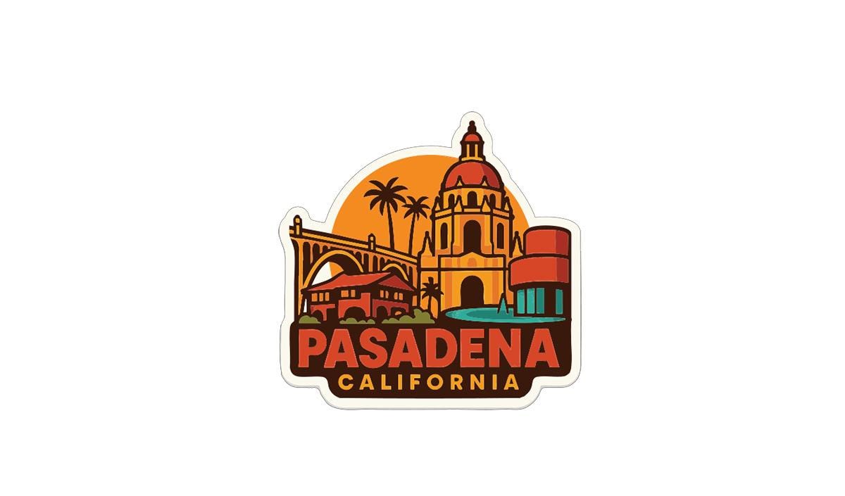 A sticker or emblem featuring the city of Pasadena, California, with various landmarks and buildings depicted in a stylized, colorful design.