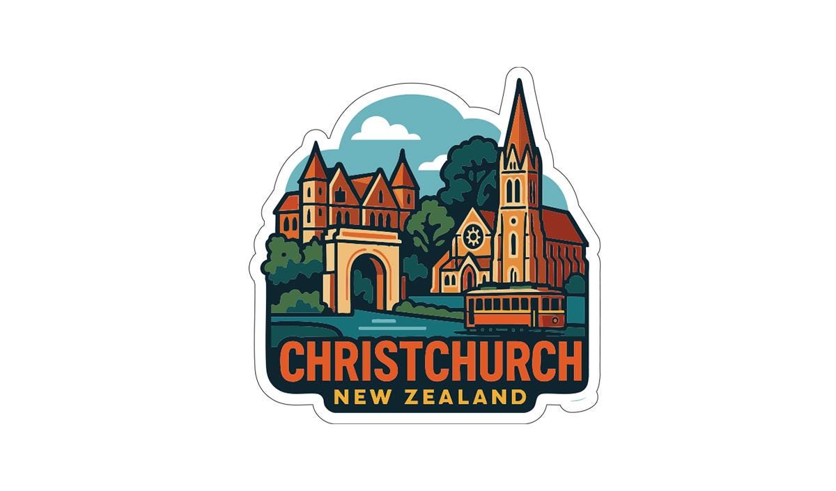 A sticker depicting the Christ Church in New Zealand, featuring a church with a tall spire and a castle-like structure, along with a trolley car and a castle-like building.