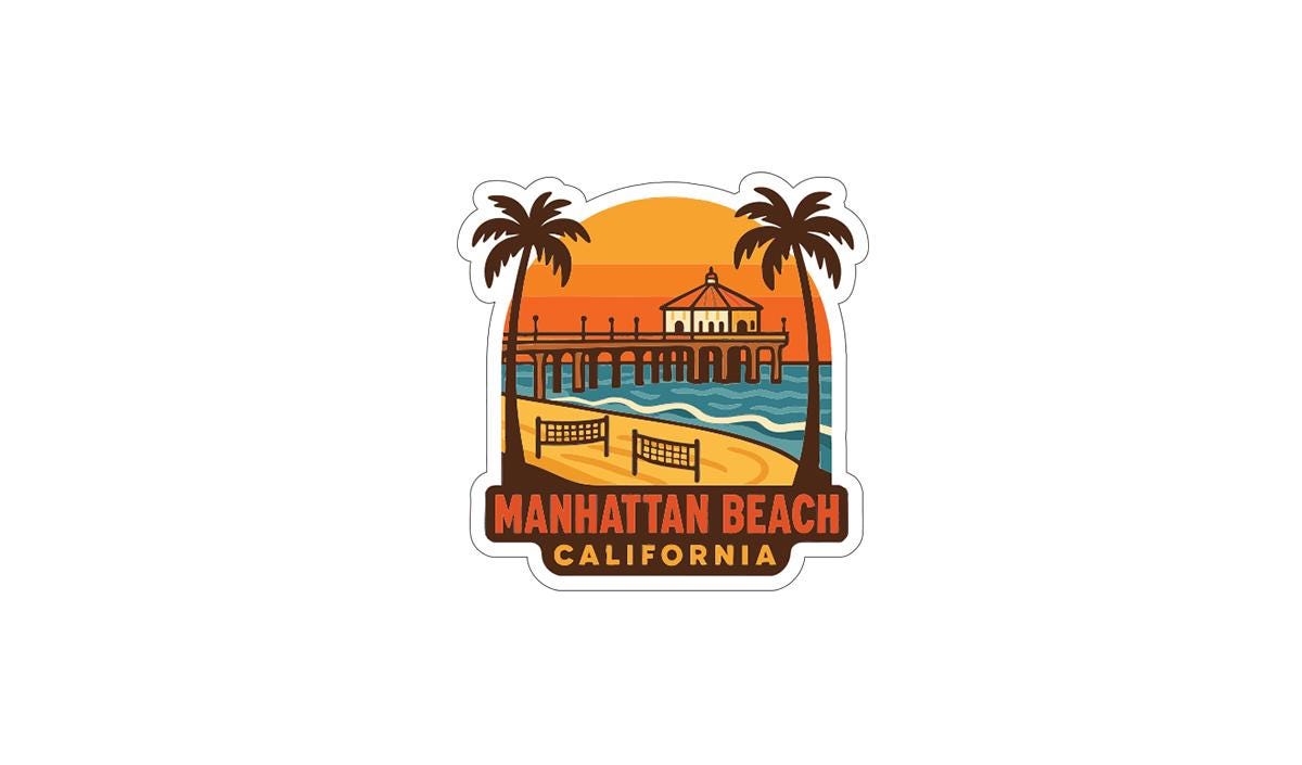 A sticker or logo depicting the Manhattan Beach, California beach scene with palm trees, a pier, and a sunset in the background.