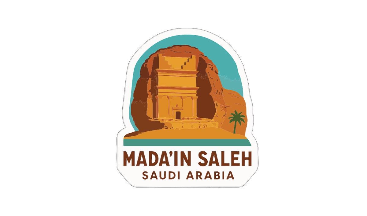 a sticker or logo depicting the ancient city of Mada'in Saleh in Saudi Arabia.