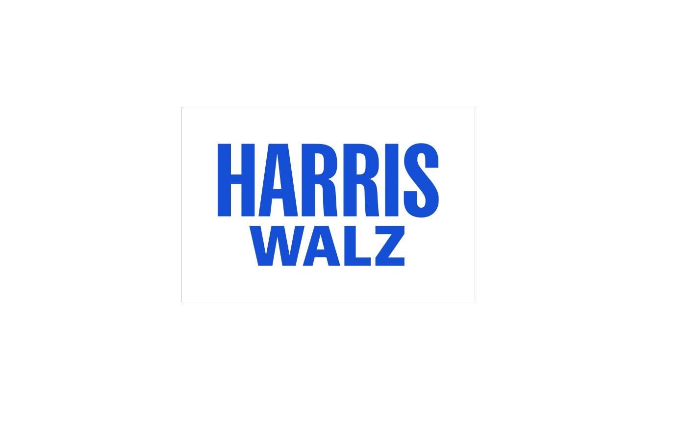 a white and blue logo with the words harris walz