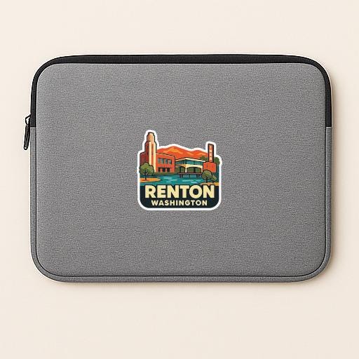 A gray laptop sleeve with a sticker of a cityscape and the text "Renton, Washington" printed on it.