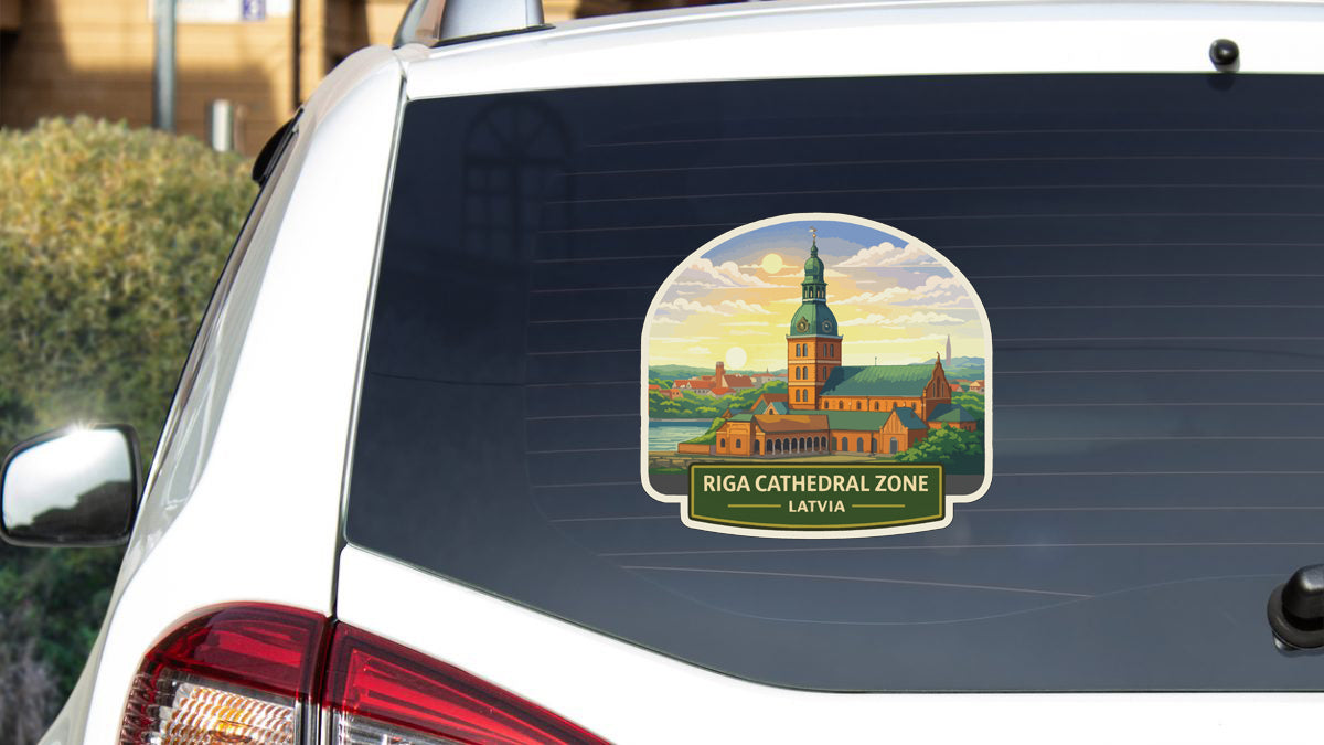 A sticker on the rear window of a car that features an illustration of the Riga Cathedral in Latvia.