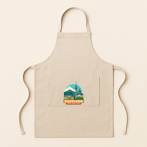 A beige apricot with a graphic of a city skyline and the text "AUCKLAND NEW ZEALAND" printed on it.