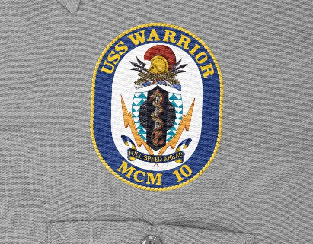 USS Warrior MCM-10 Badge Iron On Heat Transfer Vinyl HTV Avenger Class Mine countermeasures ship