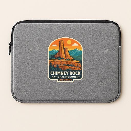 a gray laptop sleeve with a sticker depicting the Chimney Rock National Monument in Colorado.
