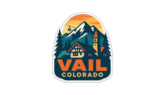 a sticker or logo with a mountain landscape and a ski lift, along with the text "Vail Colorado".