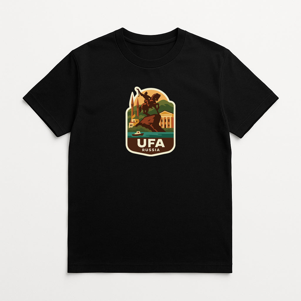 A black t-shirt with a graphic design depicting a cityscape and the text "UFA RUSSIA" printed on it.