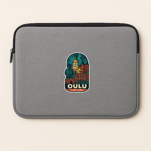 A gray laptop sleeve with a sticker depicting the city of Oulu, Finland.