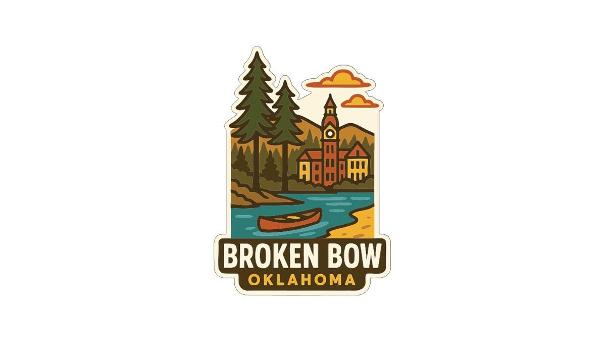 a logo for the town of Broken Bow, Oklahoma. The logo depicts a scenic landscape with a river, pine trees, and a clock tower, all set against a colorful background.