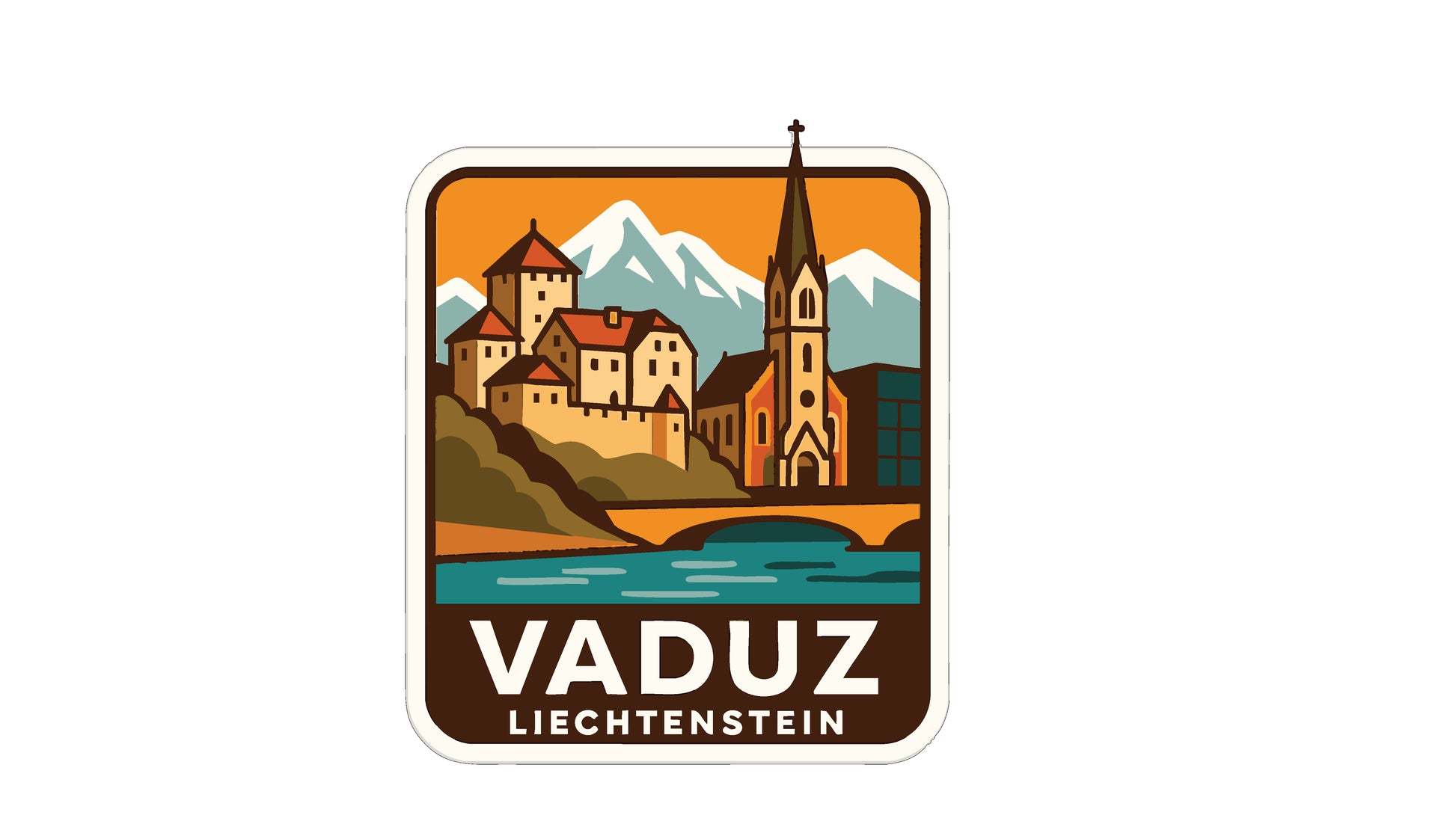 a sticker or logo with a stylized illustration of a town or city, including a church, mountains, and a river. The text "VADUZ LIECHTENSTEIN" is displayed below the illustration.