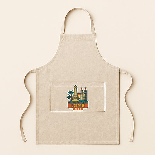 A beige apricot with a graphic design of a castle and palm trees on it.