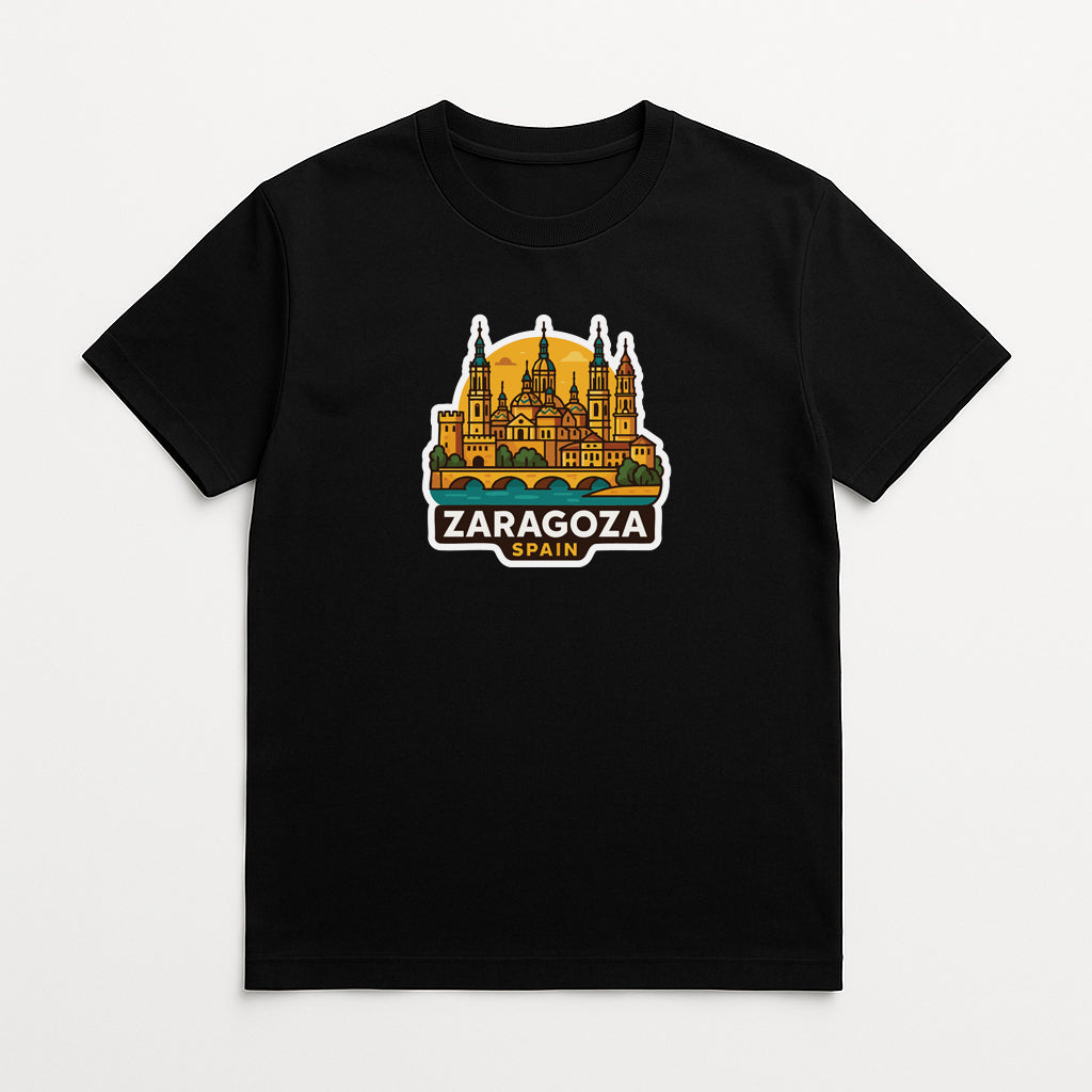 A black t-shirt with a graphic design depicting the Zaragoza, Spain landmark.