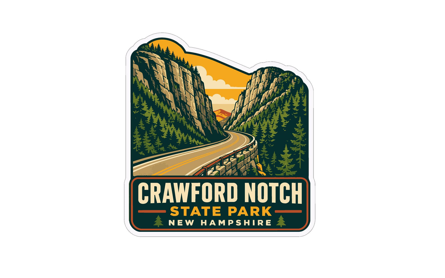 A sticker depicting a winding road through a mountainous landscape with trees and a sunset in the background.