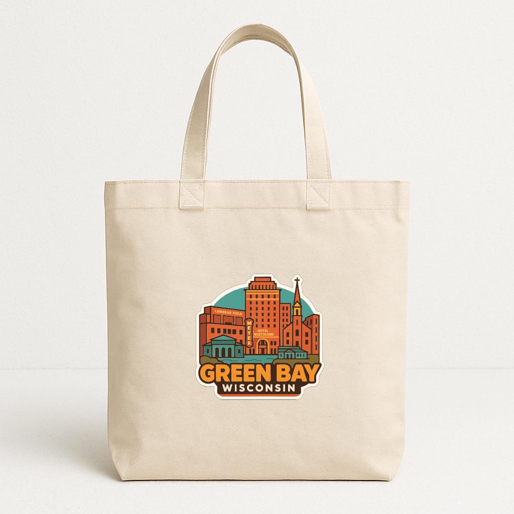 A beige tote bag with a graphic of a city skyline and the text "GREEN BAY WISCONSIN" printed on it.