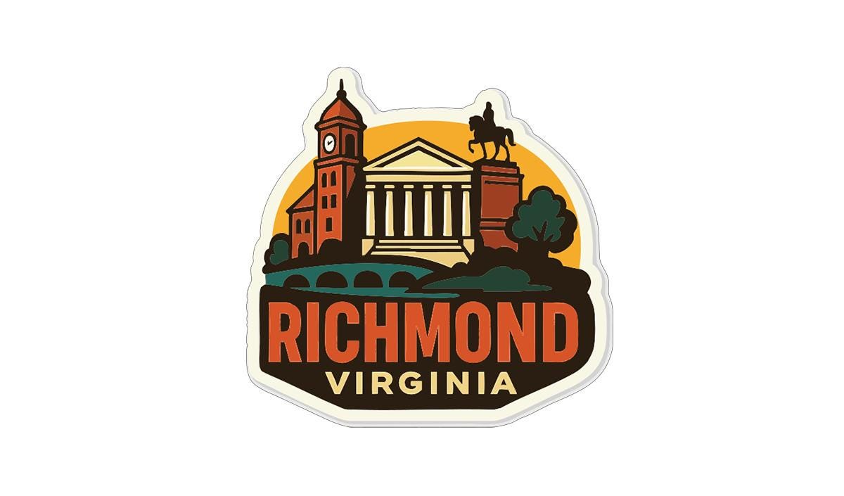 a sticker or emblem with the text "RICHMOND VIRGINIA" prominently displayed. The sticker also includes a clock tower, a statue, and other architectural elements that are characteristic of the city of Richmond, Virginia.