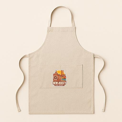 A beige apricot with a graphic of a clock tower and the text "NEW JERSEY" printed on it.