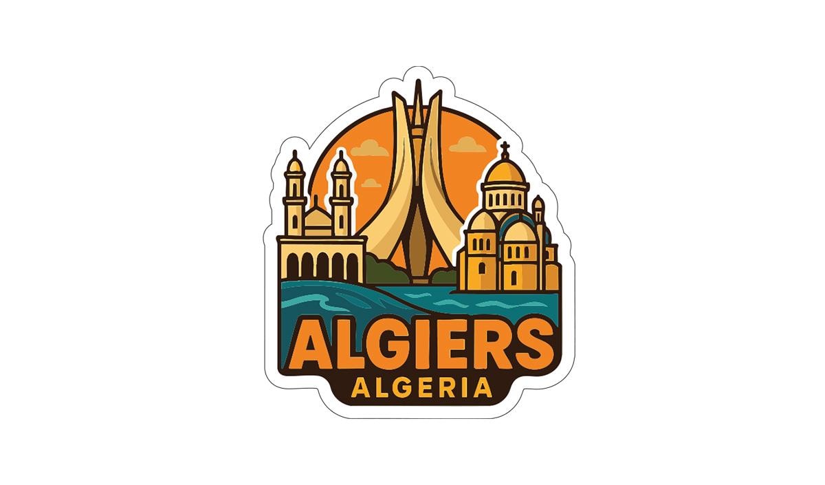 a stylized illustration of the Algiers skyline, with various architectural elements such as domes, towers, and arches. The text "ALGiers Algeria" is prominently displayed in the center of the image, indicating the location or name of the city.