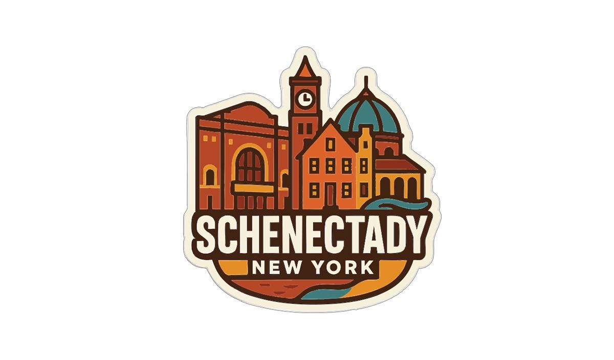 a sticker or logo with a stylized illustration of a city skyline, including a clock tower, buildings, and a river. The text "SCHENECTADY NEW YORK" is prominently displayed in the center of the image.