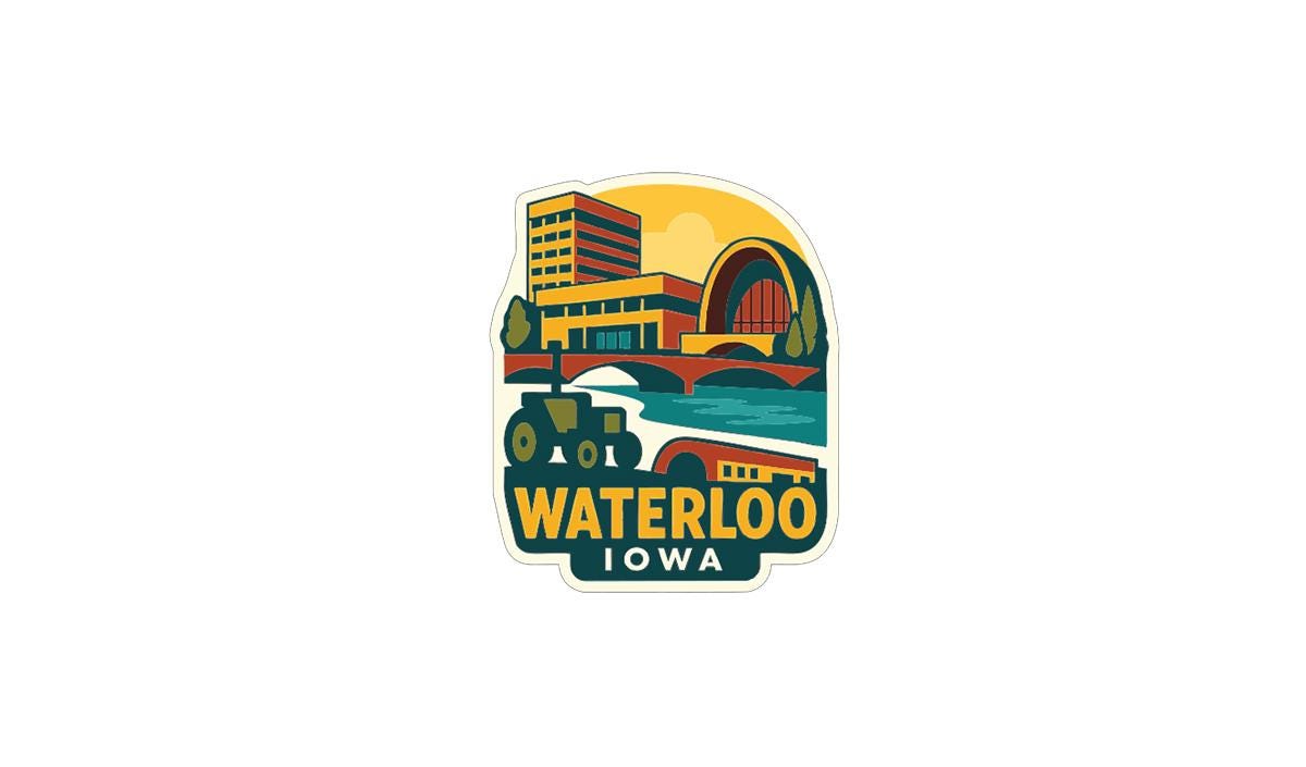 A colorful sticker or emblem featuring a cityscape with buildings, a bridge, and a body of water, along with the text "WATERLOO IOWA".