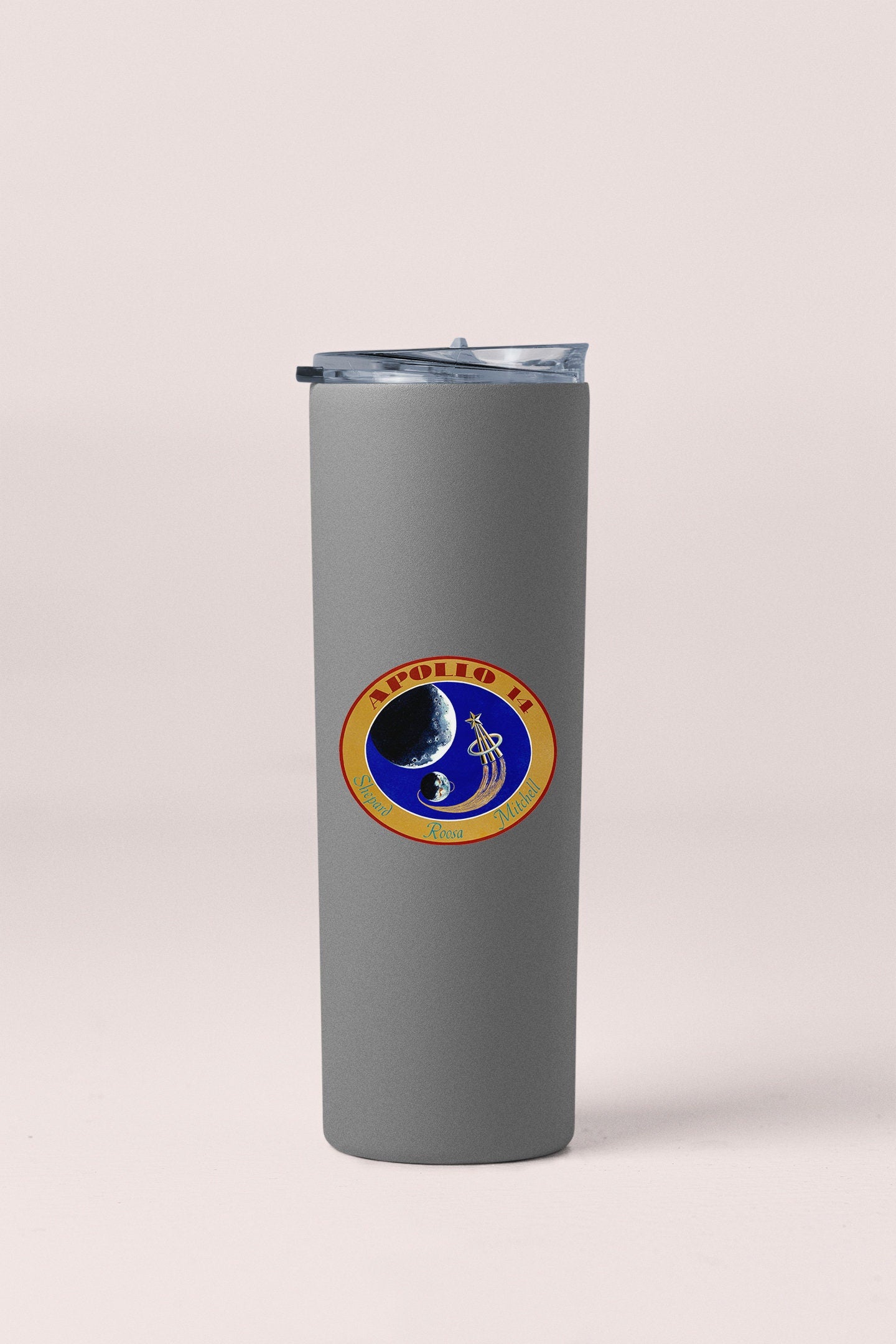 a stainless steel tumbler with a blue and yellow logo