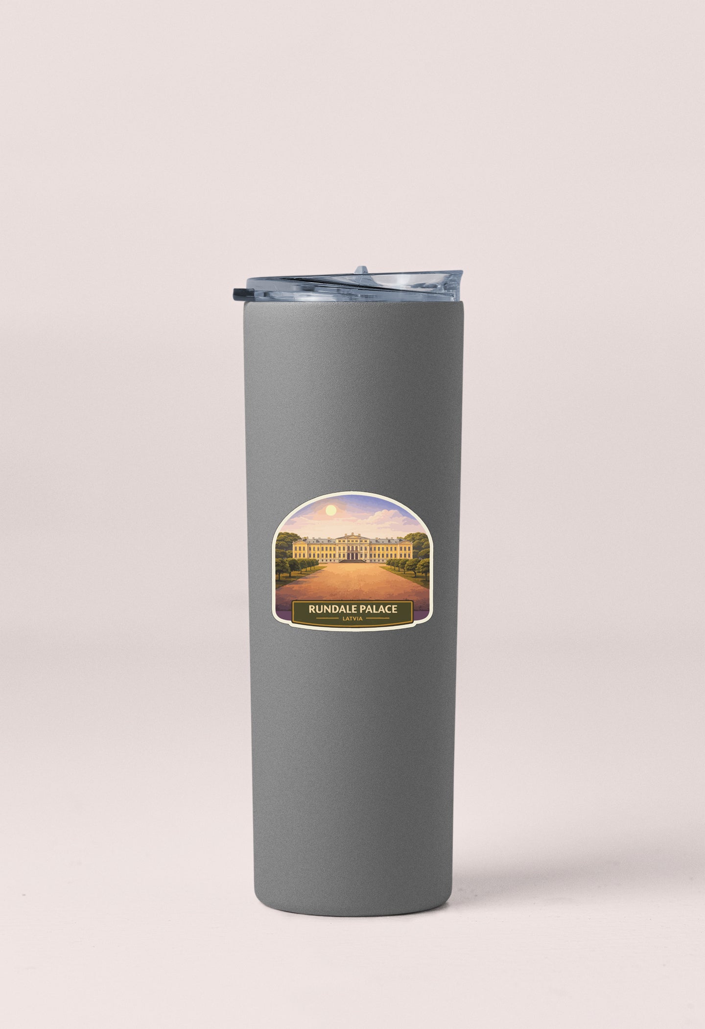 A gray cylindrical container with a lid and a label that reads "Bundale Palace".