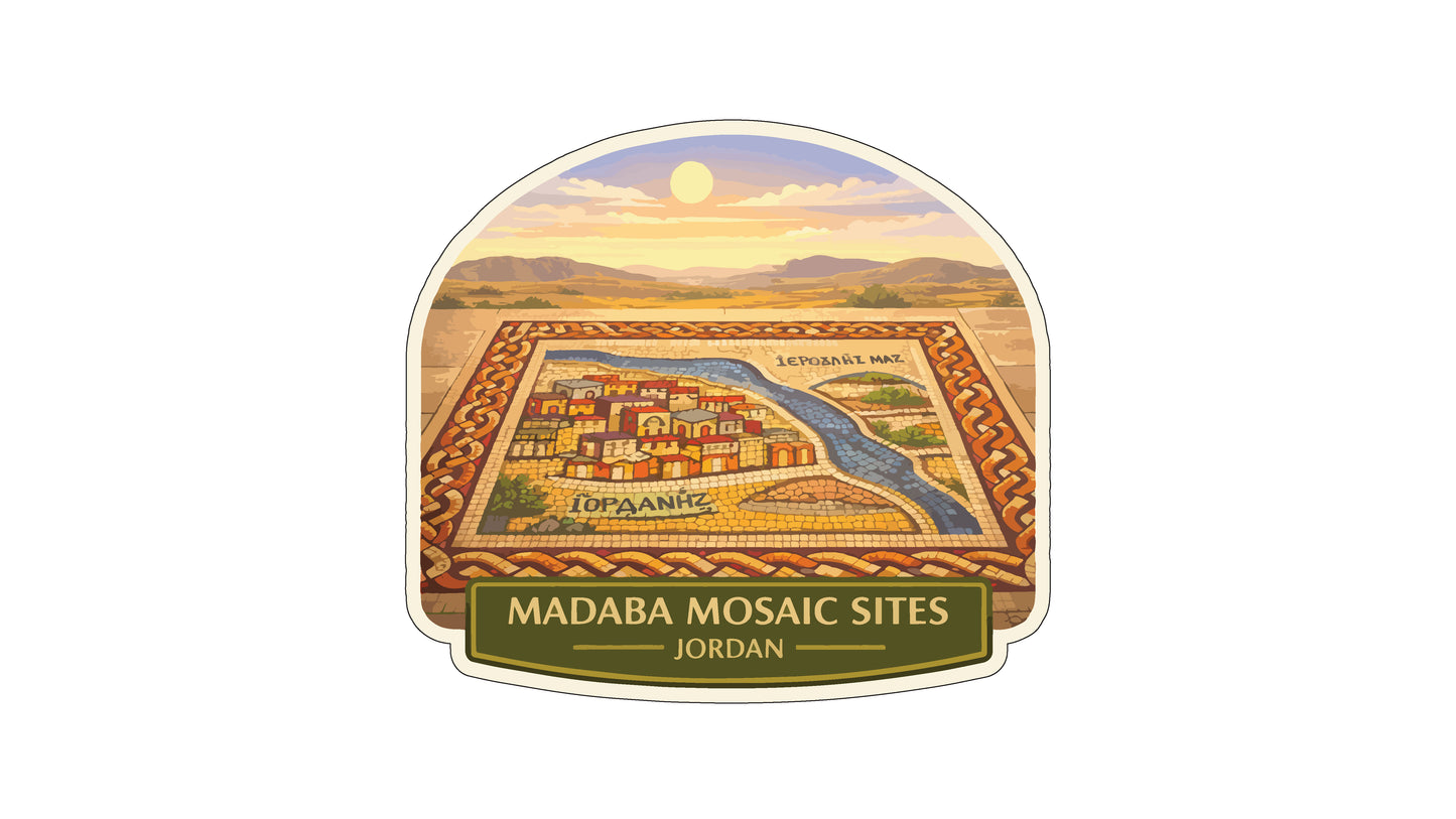 a mosaic depicting a cityscape with a river and mountains in the background, surrounded by a border. The text "MADABA MOSAIC SITES JORDAN" is displayed below the mosaic.